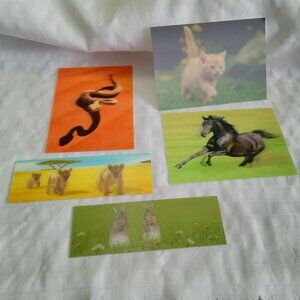 3 thick vintage cardboard postcards-like animal holograms & 2 bookmarks